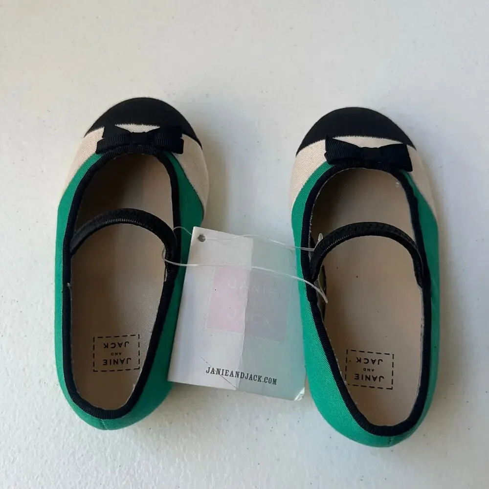 Janie and Jack Mary Jane Ballet Flats Little Girls Size 4 Green Black Bow NEW